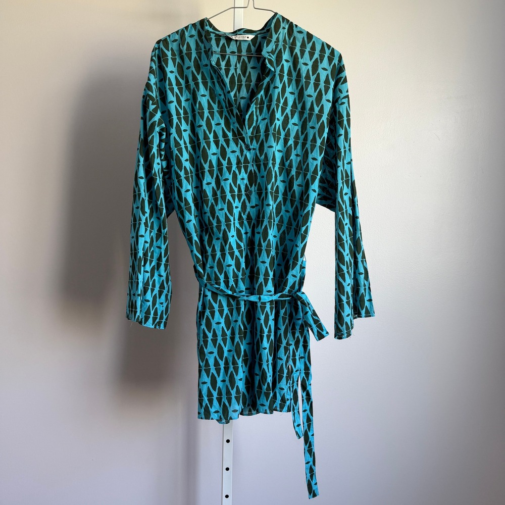Zara Women's Blue Green Print Long Sleeve Mini Dress with Belt